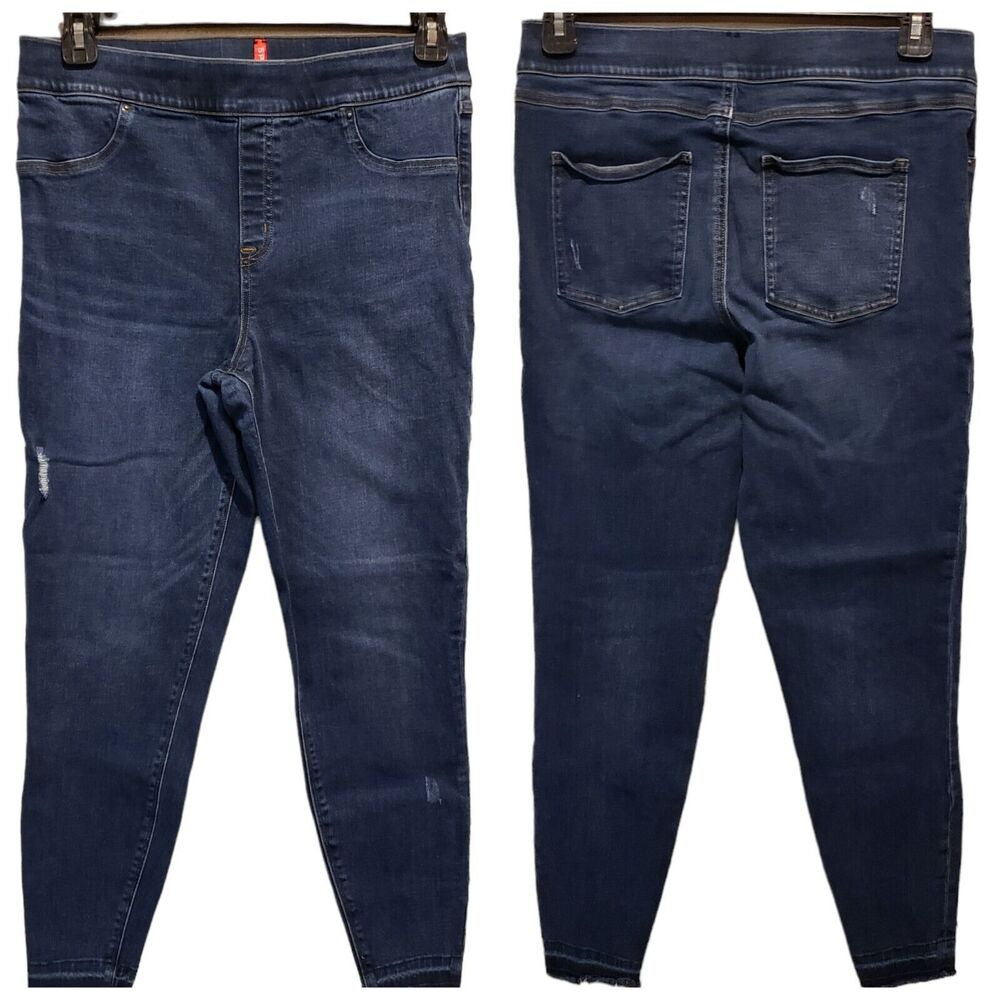 Spanx Womens distressed skinny blue jeans XL high rise raw hem pull on